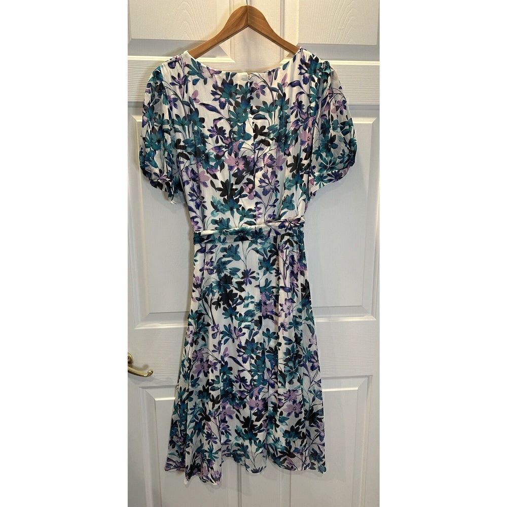 Chaps Women Faux Wrap Dress Size 16 Green, Purple & White Lined Sheer Sleeves - Picture 2 of 6